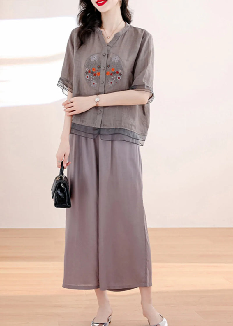 Summer New Linen Embroidered Top and Pants Two Piece Set