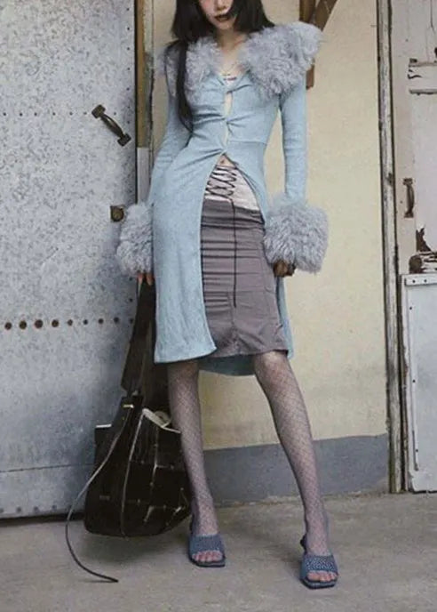 Italian Grey Patchwork Faux Fur Knit Cardigan Spring