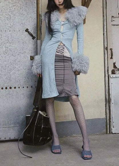 Italian Grey Patchwork Faux Fur Knit Cardigan Spring