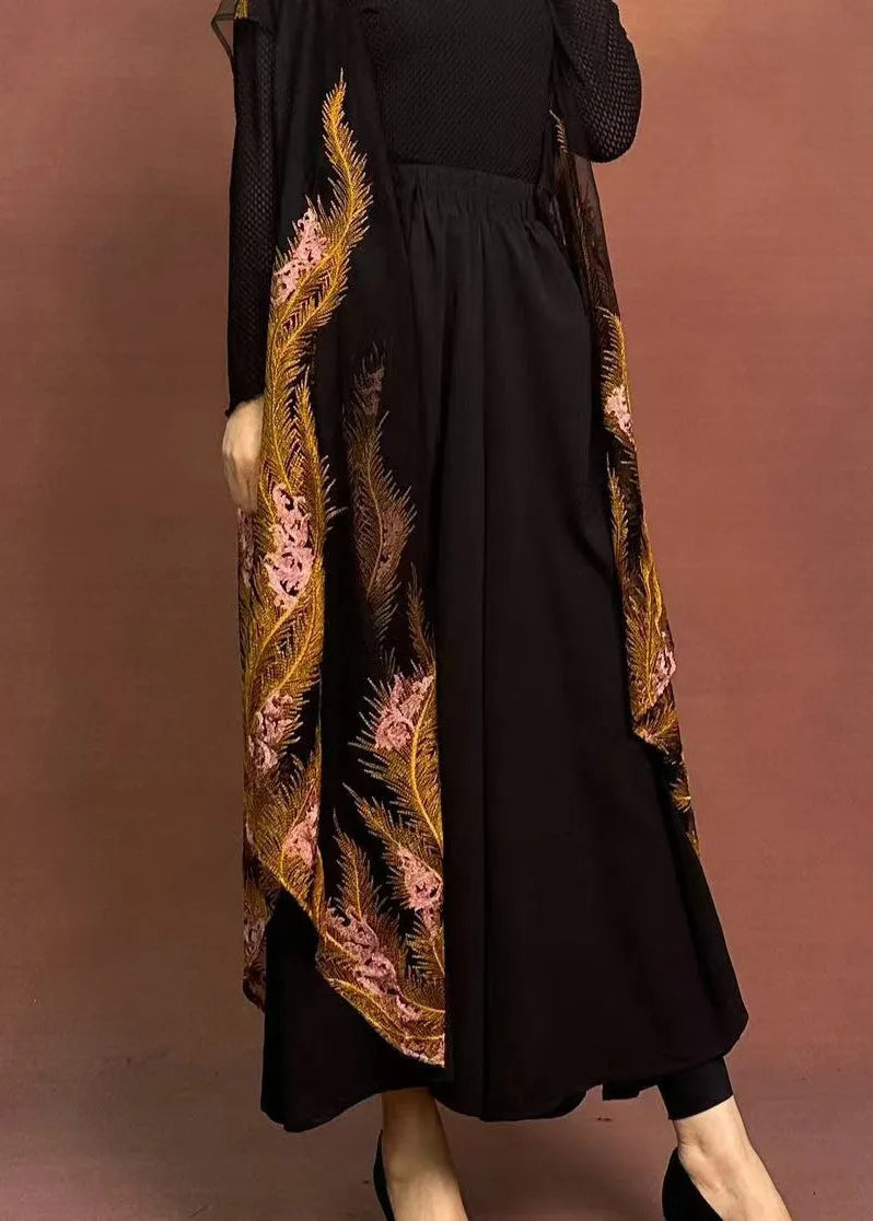 Original Design Black Embroidered Wide Leg Pants Spring