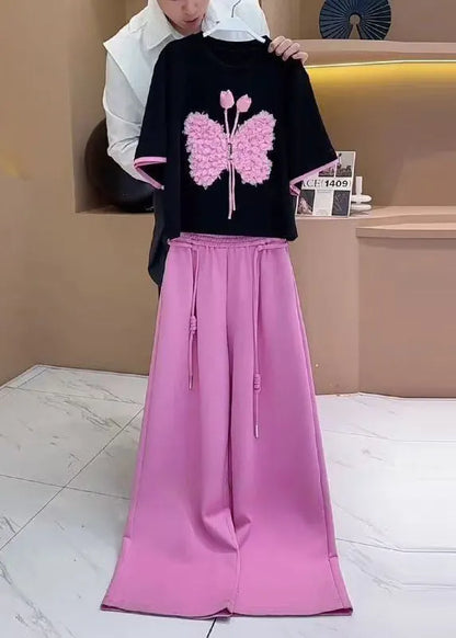 New Black Butterfly T Shirt and Pink Pants Cotton Two-piece Set Summer