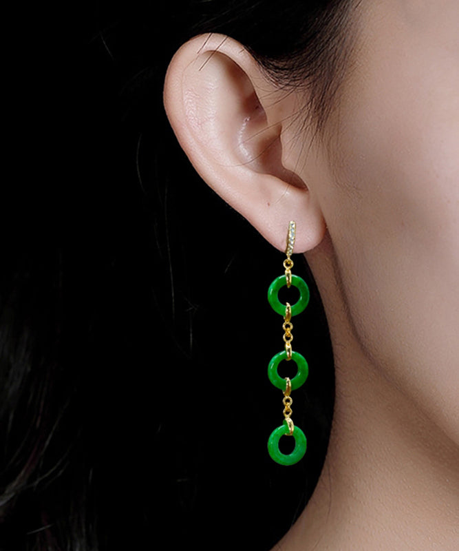 Green Sterling Silver Overgild Jade Circle Drop Earrings