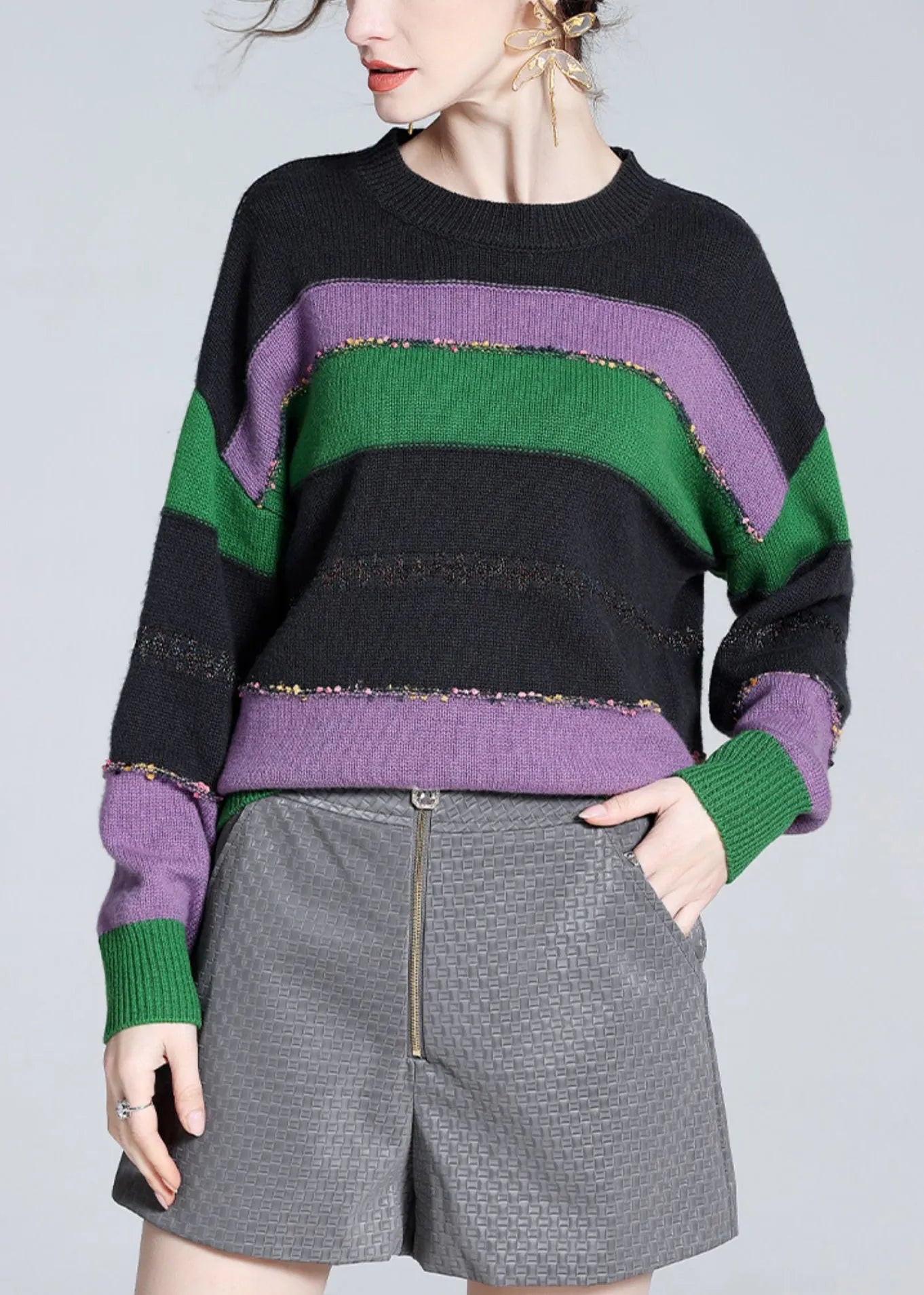 Purple O-neck Cozy Patchwork Wool Knit Sweater Winter