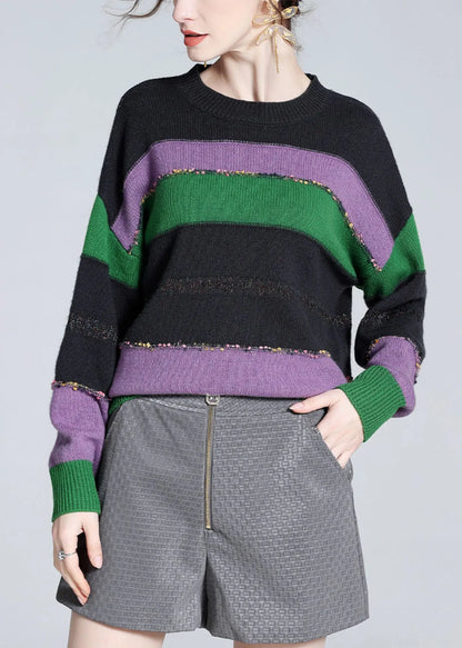 Purple O-neck Cozy Patchwork Wool Knit Sweater Winter