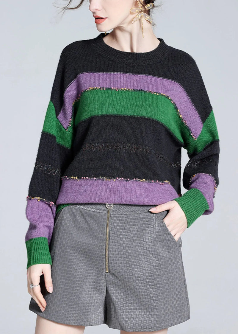 Purple O-neck Cozy Patchwork Wool Knit Sweater Winter