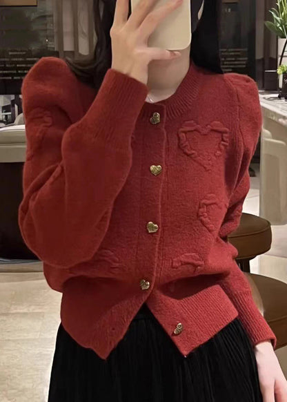 Red O Neck Button Knit Cardigan Fall