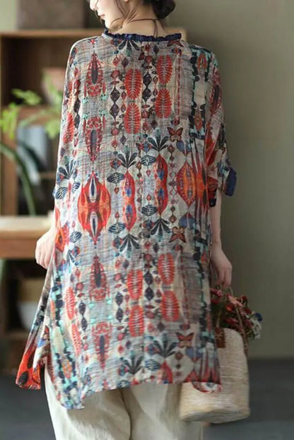Ramie Print O-neck Loose Shirt