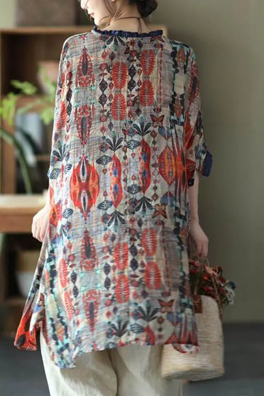 Ramie Print O-neck Loose Shirt