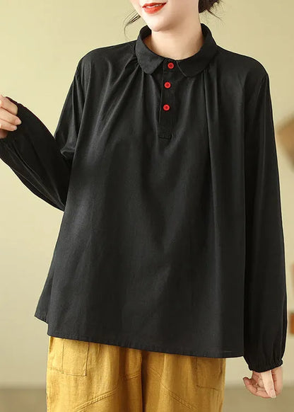 Black Peter Pan Collar Wrinkled Cotton Shirts Fall