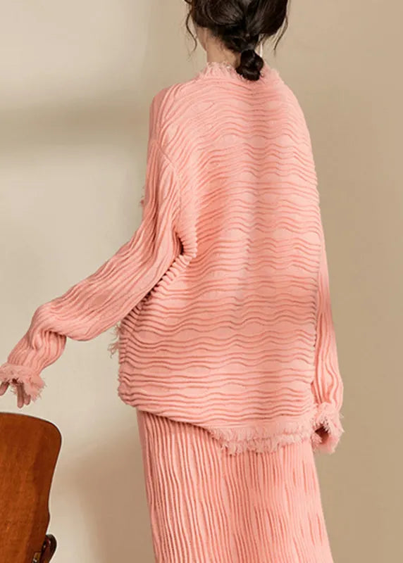 Pink V Neck Button Tassel Knit Cardiga Fall