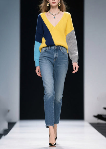 French Mixed Color V Neck Patchwork Cozy Sweaters Winter