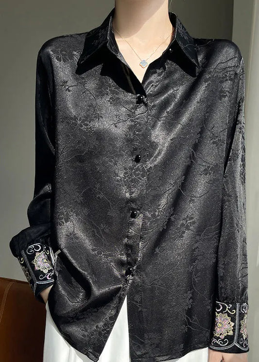 Black Print Button Silk Fall Shirt Peter Pan Collar