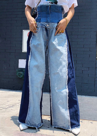 Modern Blue Pockets High Waist Patchwork Denim Pants Spring