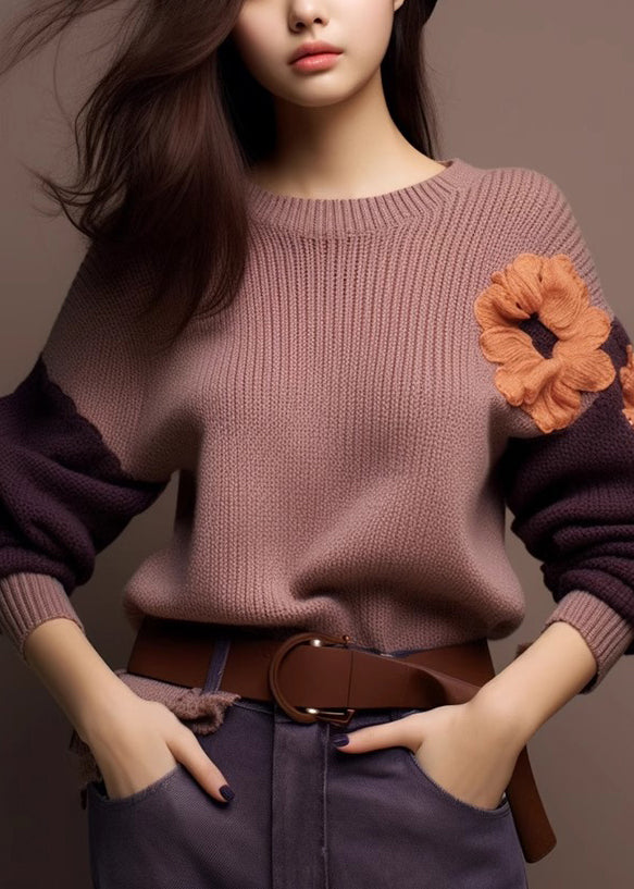 Art Purple O-neck Cozy Patchwork Knit Sweaters Winter