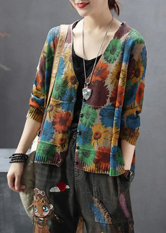 Khaki V Neck Print Knit Cardigan Spring