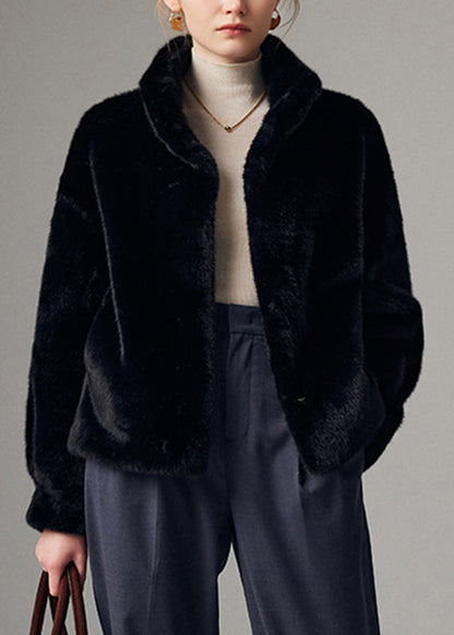 Black Mink Velvet Thick Coat Pockets Winter