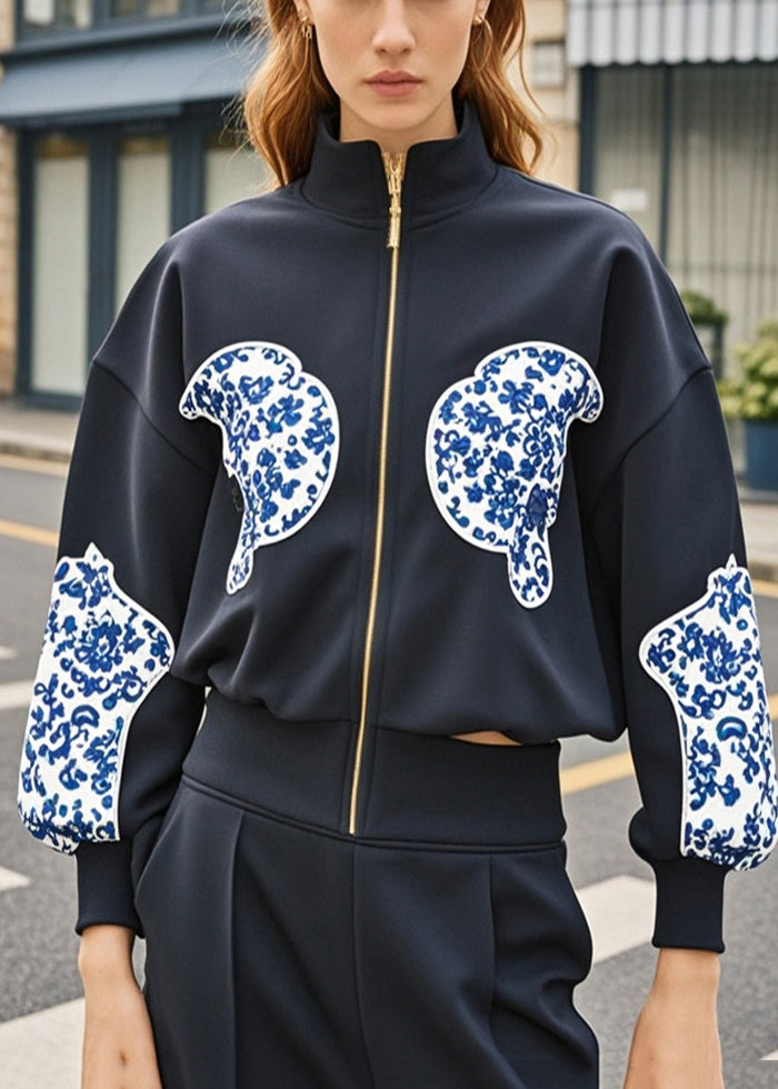 Black Zip Up Patchwork Print Cotton Coat Fall