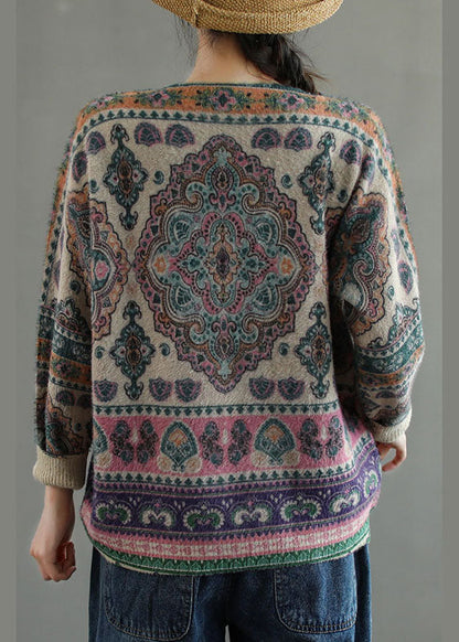 Natural Khaki Loose Print Fall Oriental Knit Sweater