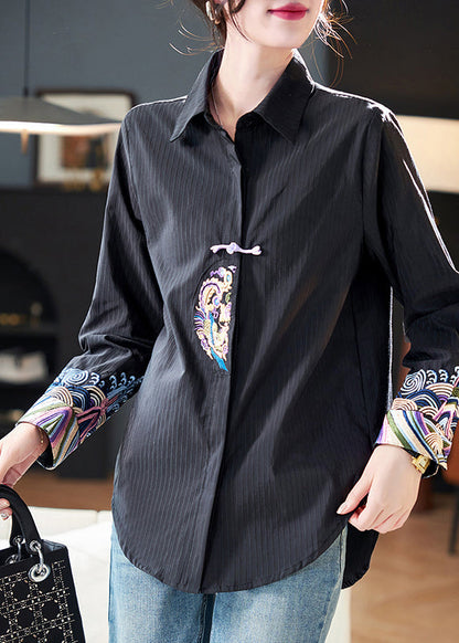 Striped White Peter Pan Collar Embroidered Cotton Blouses Fall
