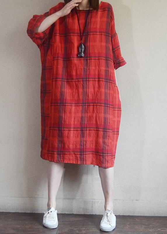 Cotton Tunic Top Plaid Round Neck Cotton Linen Dress
