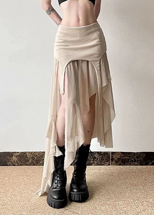 Khaki Asymmetrical Tulle Patchwork High Waist Maxi Skirts