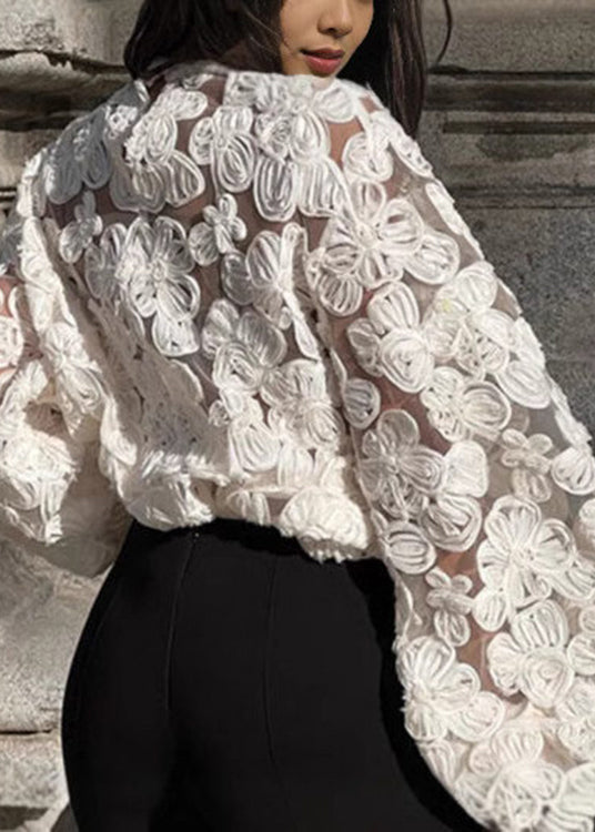White Notched Lace Top Lantern Sleeve