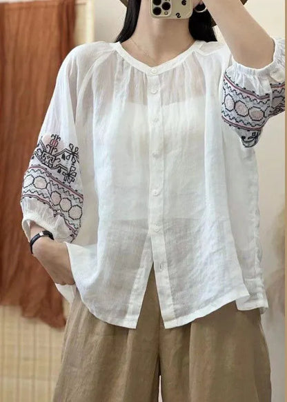 Retro Red Embroidered Button Patchwork Linen Shirt Top Lantern Sleeve