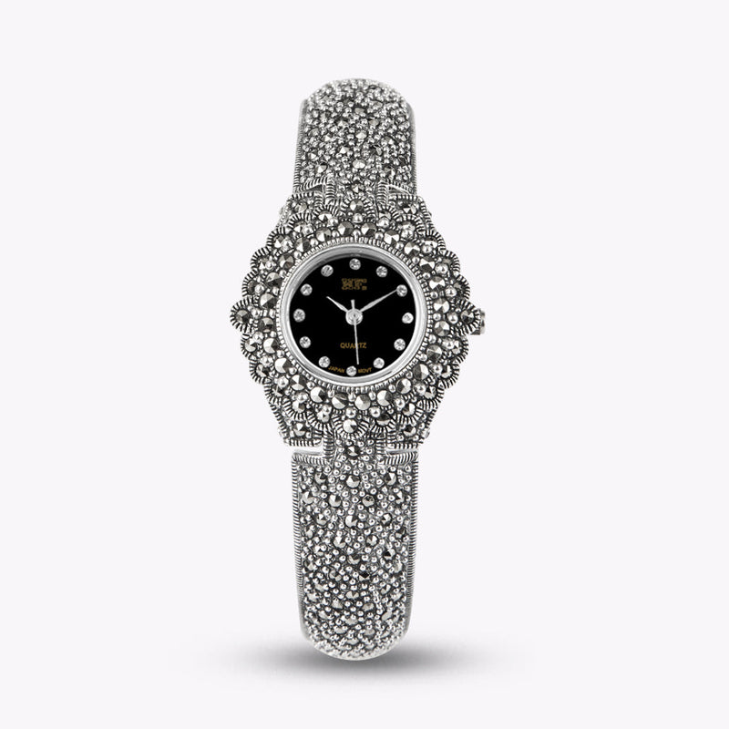 Black Sterling Silver Zircon Metal Organic Glass Wrist Watch