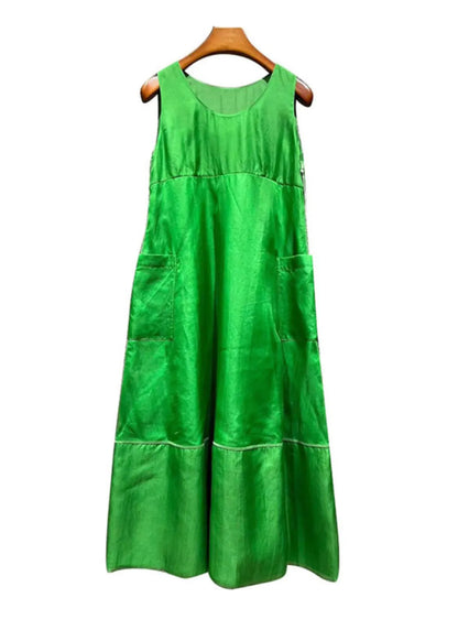 Art Green O Neck Pockets Patchwork Silk Dresses Sleeveless