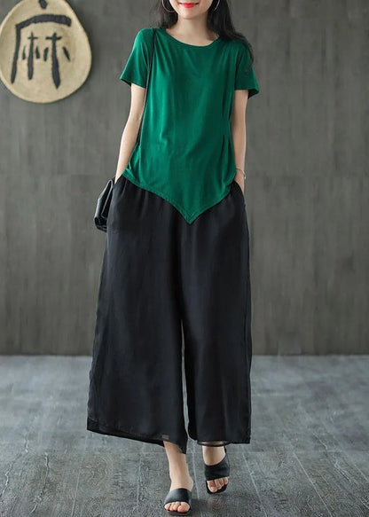 Handmade Black-print1 Elastic Waist Retro Wide Leg Crop Pants