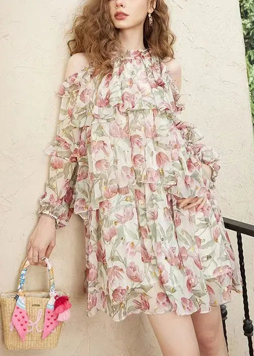 Stylish Green Cold Shoulder Print Chiffon Mid Dress Fall