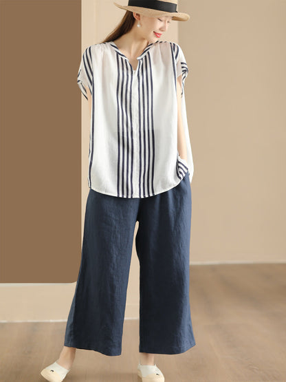 Summer Artsy Stripe V-neck Thin Linen Shirt