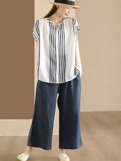 Summer Artsy Stripe V-neck Thin Linen Shirt