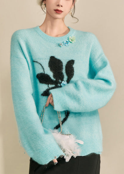 Blue Print Patchwork Thick Cotton Knit Sweater Long Sleeve
