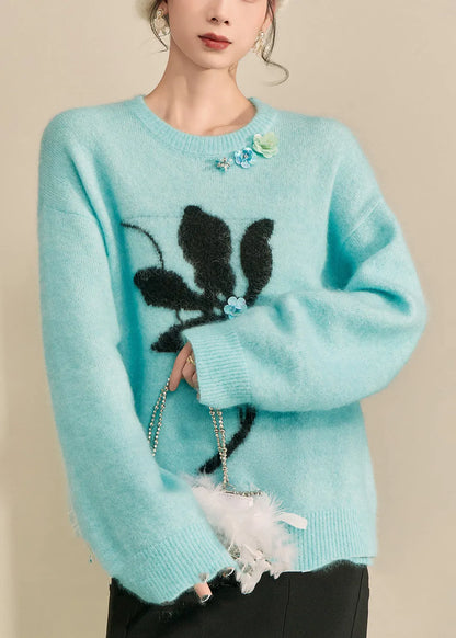 Blue Print Patchwork Thick Cotton Knit Sweater Long Sleeve
