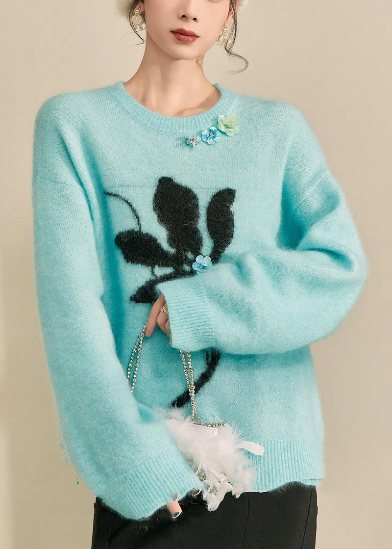 Blue Print Patchwork Thick Cotton Knit Sweater Long Sleeve