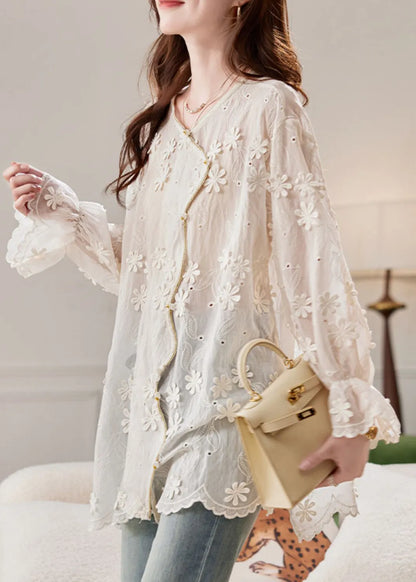French Beige O-neck Embroidered Shirt Spring