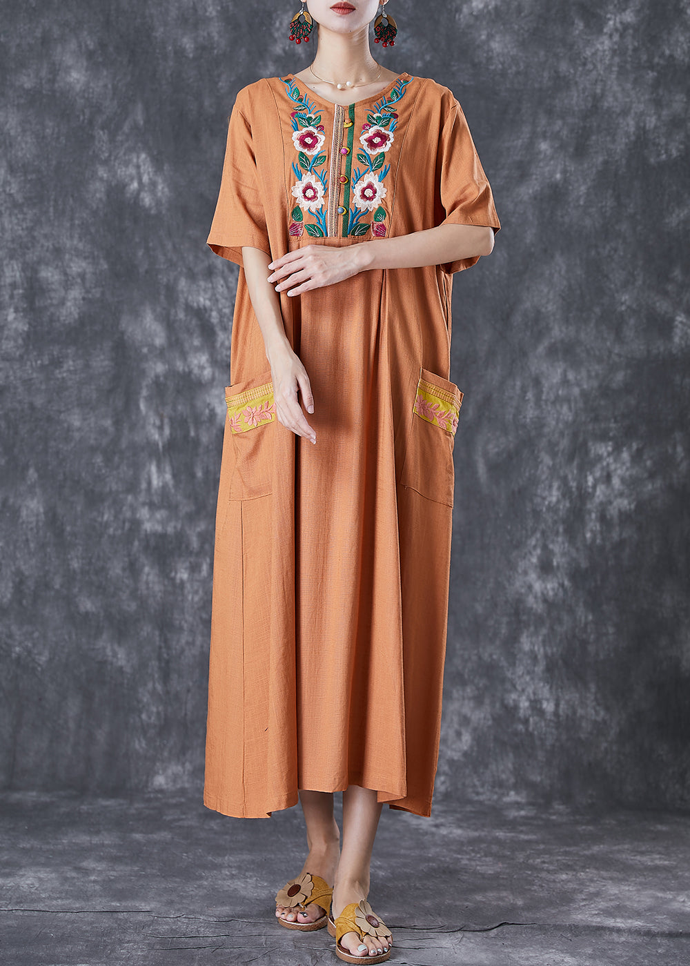 Khaki Embroidered Linen Maxi Dress Summer