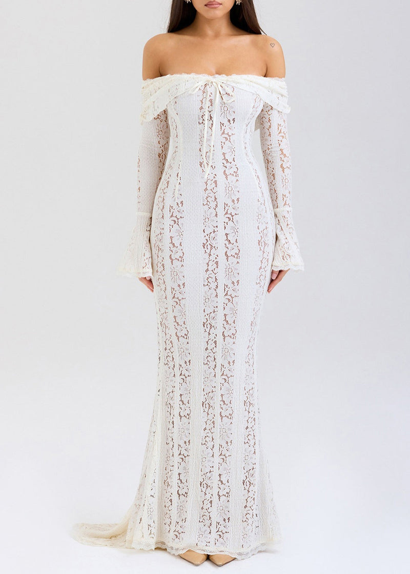 French One Neck Off Shoulder Lace Dress Flared Sleeves