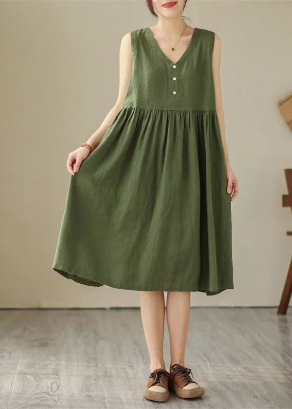 Organic Green V Neck Patchwork Wrinkled Cotton Long Dress Summer