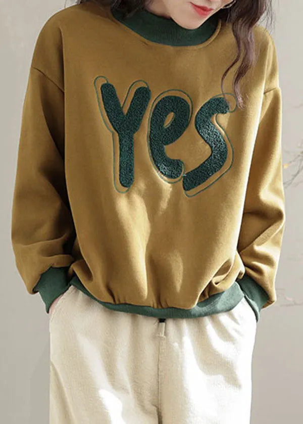 Yellow Embroidered Patchwork Warm Fleece Pullover Sweatshirt Spring