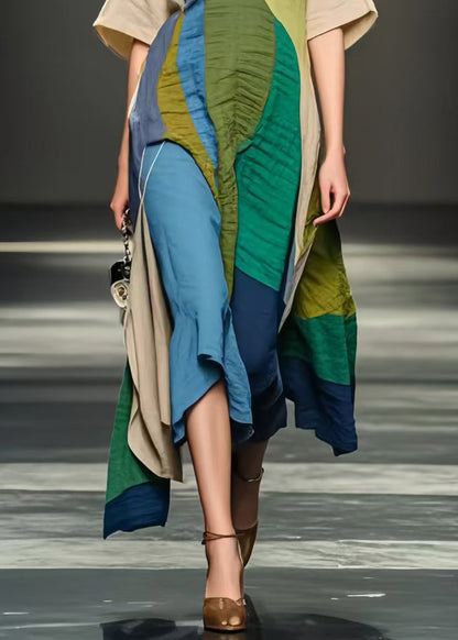 Colorblock Asymmetrical Design Wrinkled Cotton Dresses Summer