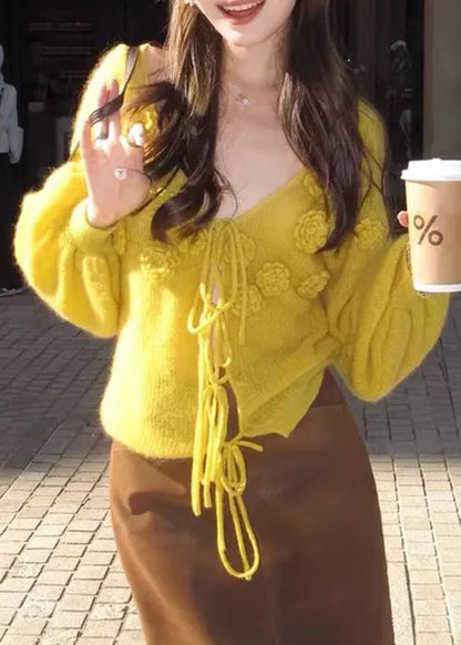Yellow V Neck Lace Up Knit Sweaters Fall