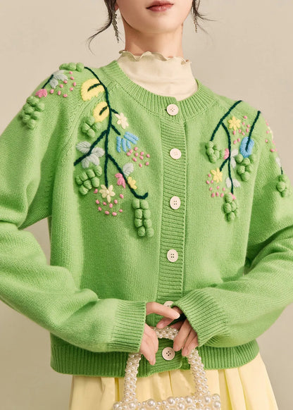 Green Embroidered Button Cotton Knit Cardigans Fall