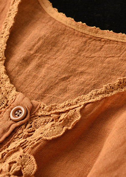 French Orange Embroidered Hollow Out Patchwork Fall Linen Top