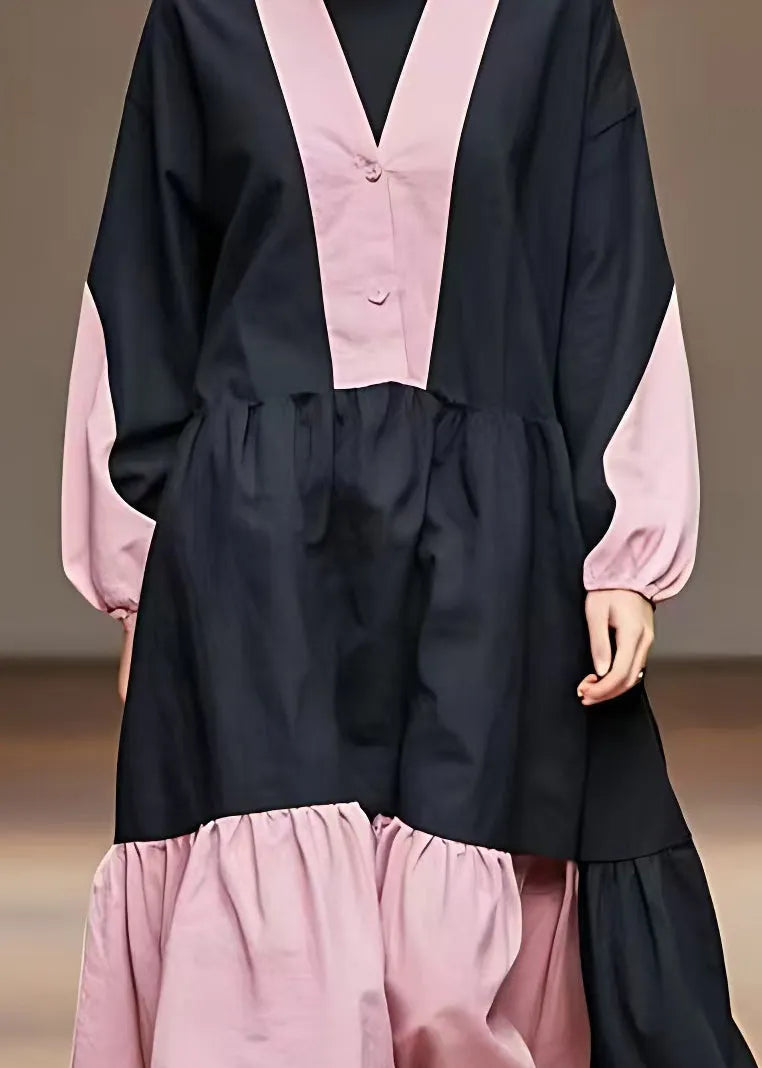 Pink Wrinkled Patchwork Maxi Dress Long Sleeve