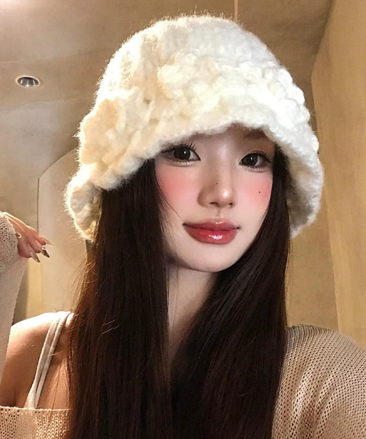 Stylish White Flower Warm Knitted Bucket Hat