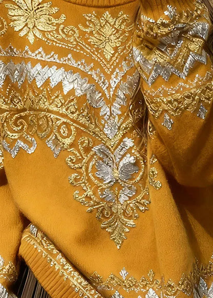 Italian Yellow O Neck Print Cozy Knit Sweater Tops Spring