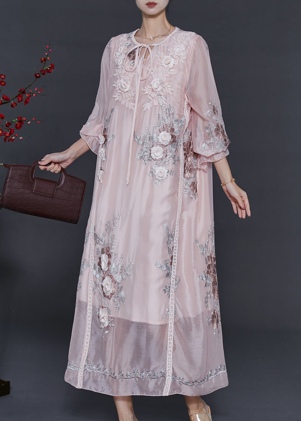 Light Pink Embroidered Silk Holiday Dress Fall