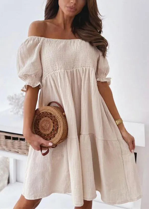 Beige Slash Neck Patchwork Cotton Mid Dress Summer